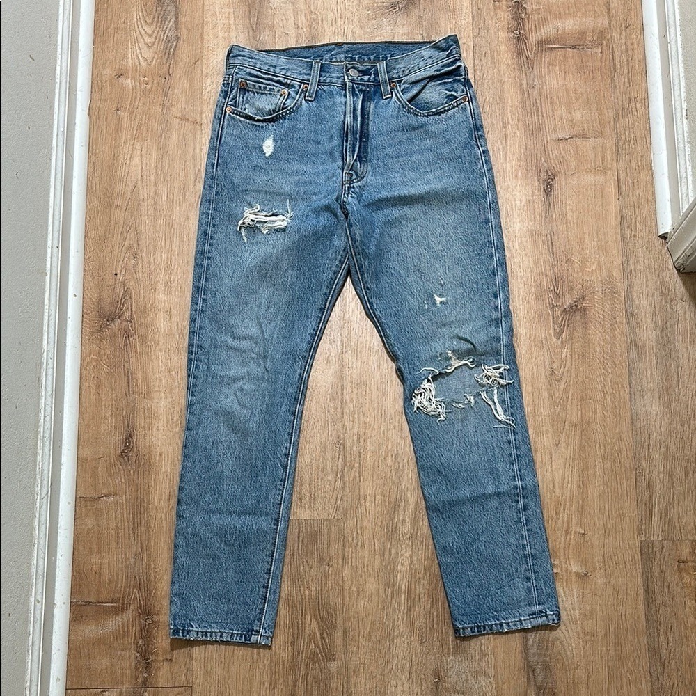 Levis | Women's 501 Skinny Distressed Medium Wash Blue Denim Jeans, W27 L28